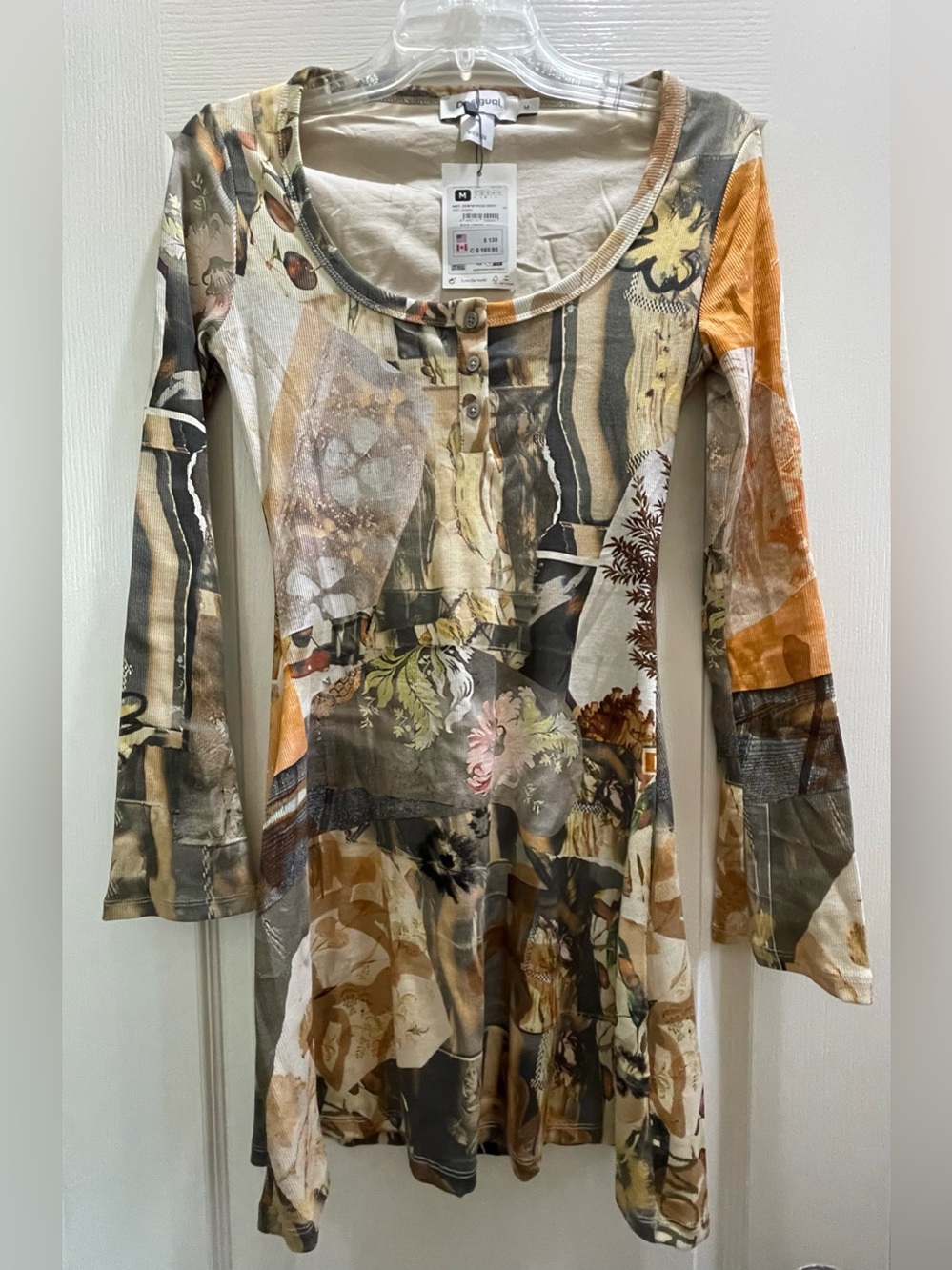 Desigual Cut Out Space Dress Women's Sz M - NEW! Long Sleeve Soft Beige Multi - Picture 7 of 10